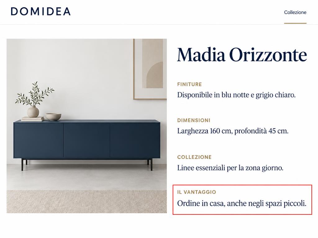 Scheda prodotto illustrativa Domidea: il vantaggio principale evidenziato in rosso compare dopo finiture, dimensioni e collezione