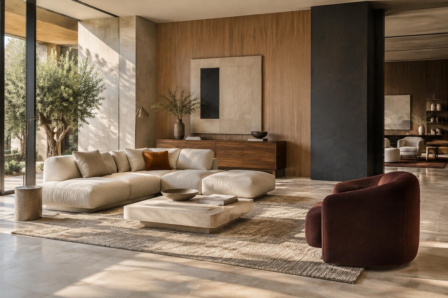 Immagine illustrativa generata: showroom di arredamento di alta gamma con arredi contemporanei e luce naturale