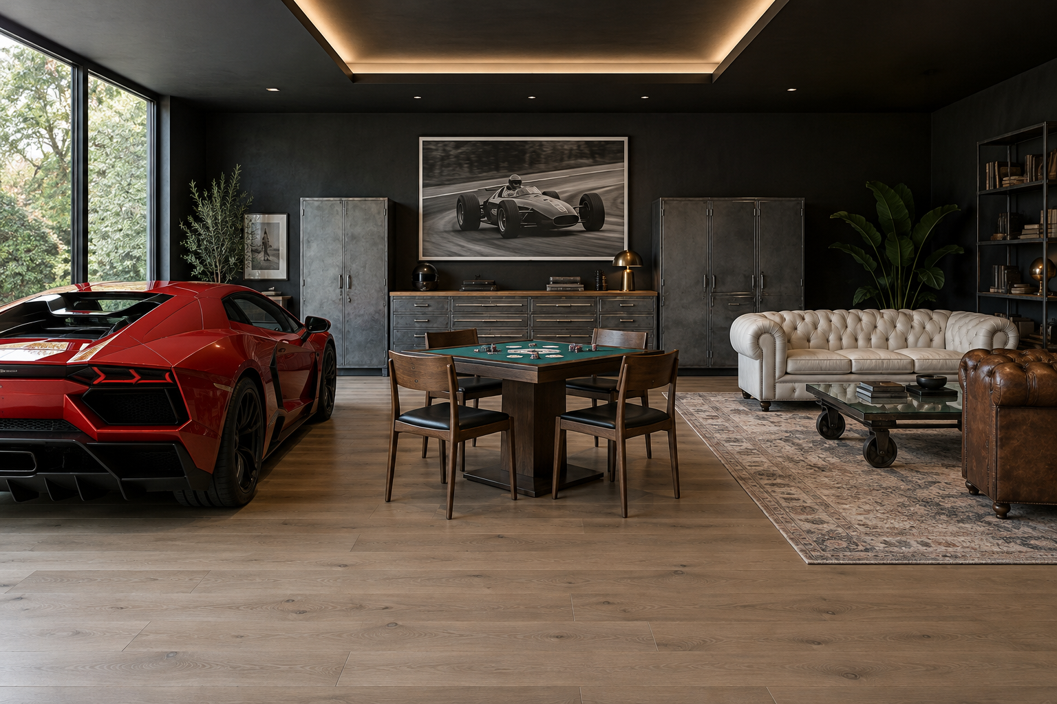 Immagine illustrativa generata: garage arredato come galleria luminosa con supercar rossa, tavolo da gioco, divano Chesterfield e foto di corsa in bianco e nero