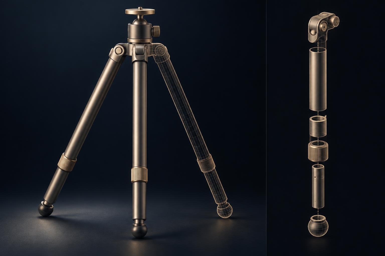 Immagine illustrativa generata: treppiede a tre gambe con design inventato, metà fotografico e metà disegno tecnico con esploso dei componenti di una gamba