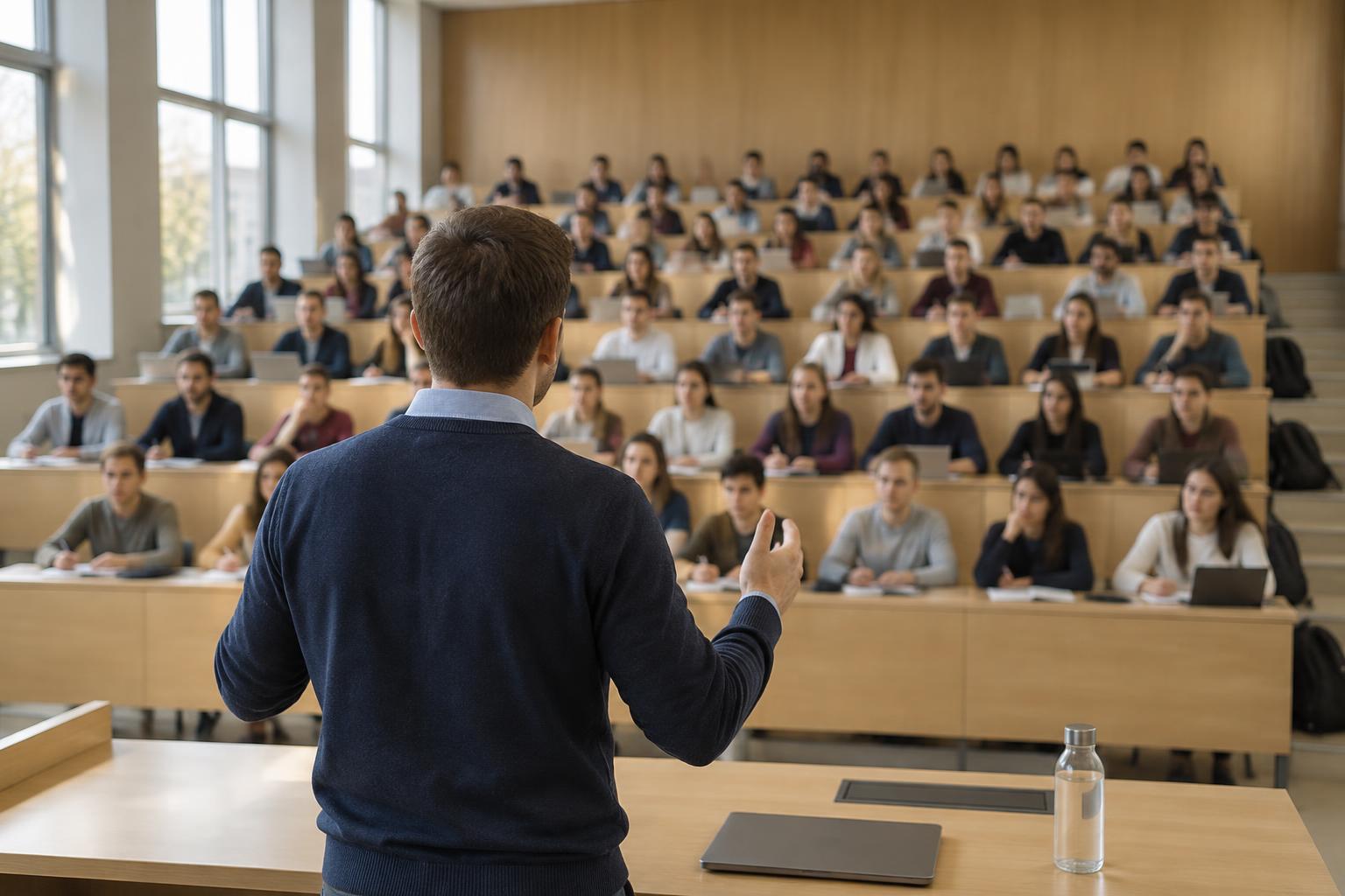Immagine illustrativa generata: aula universitaria a gradoni con docente di spalle in pullover e camicia che presenta a un gruppo di giovani fondatori